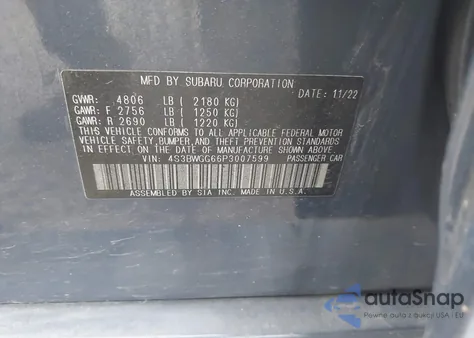 2023 Subaru Legacy Sport из США, поврежденный, VIN 4S3BWGG66P3007599